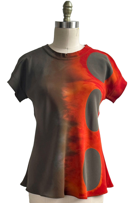 Anne-Marie Bias Top | Silk Georgette | Itajime  Dyed | Orange & Grey | Medium