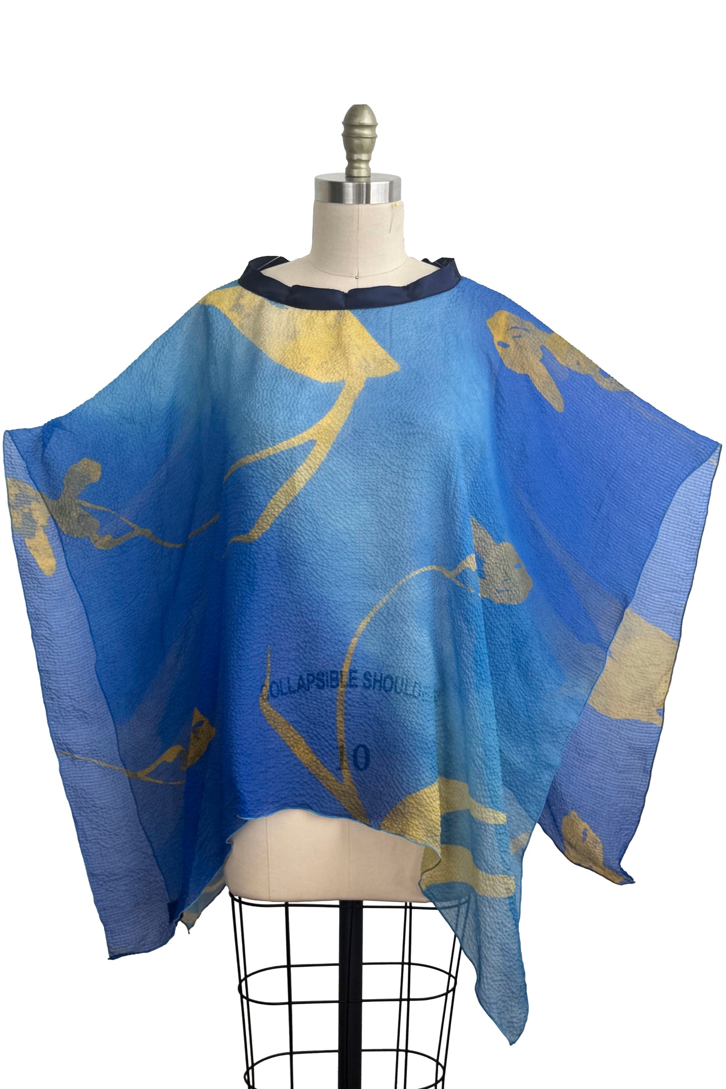 Poncho | Seersucker Silk | Tulip Print | Blue & Gold