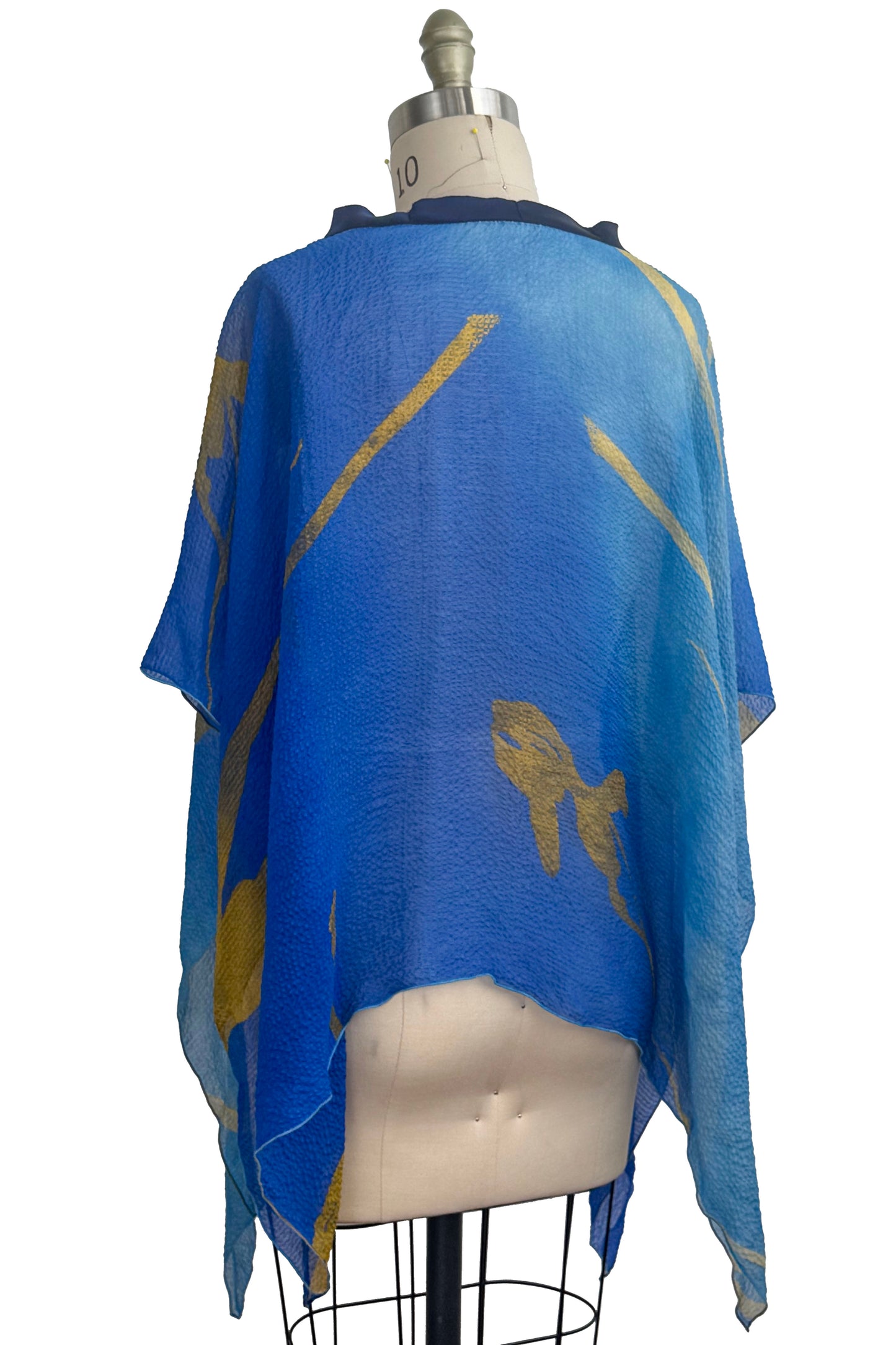Poncho | Seersucker Silk | Tulip Print | Blue & Gold