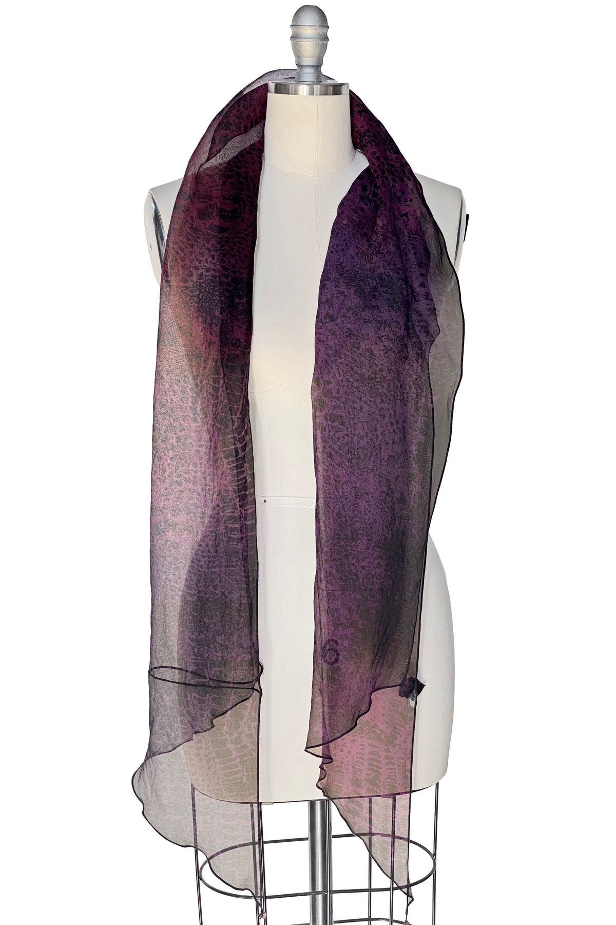 Scarf | Silk Organza | Alligator Print | Black & Plum