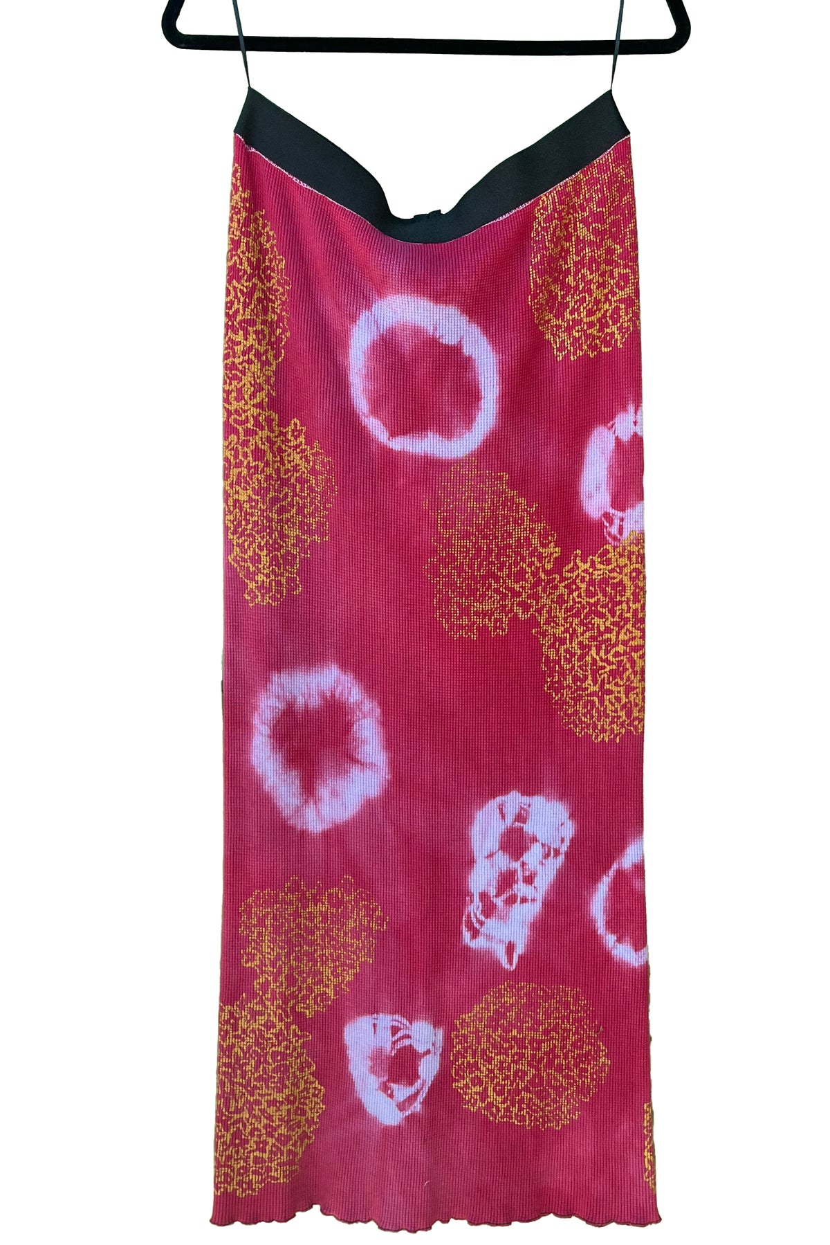 Tube Skirt | Organic Waffle Stretch Cotton | Itajime Circle Dye & Hyrdrangea Print | Red & Gold | Medium