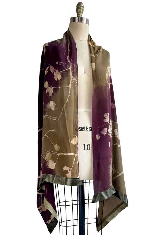 Shawl w/ Leather Trim | Silk Georgette | Branch Print | Olive Green & Eggplant