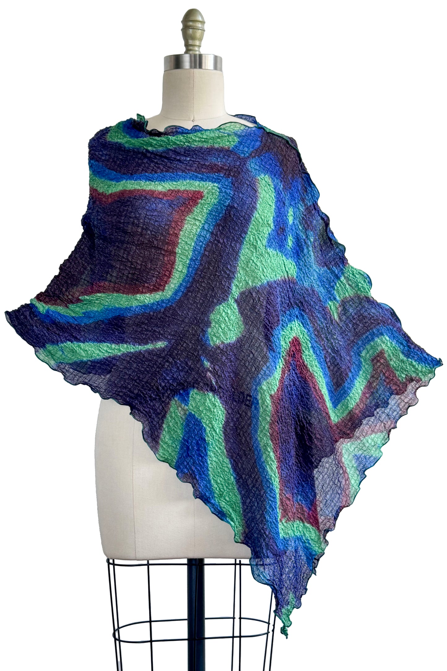 Asymmetrical Layover Poncho | Waffle Textured Silk | Itajime Dyed | Blue, Lime Green & Violet
