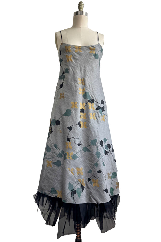 Kappa Dress | Silk Organza | Ivy Print | Grey, Black, Sage Green & Gold | Small