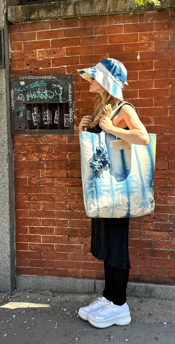 Hand Dyed & Printed Canvas Tote - Indigo Stripe