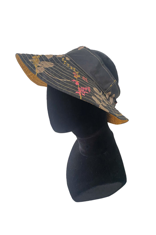 Rimini Visor in Silk Taffeta | Vine Print | Black, Gold & Pink