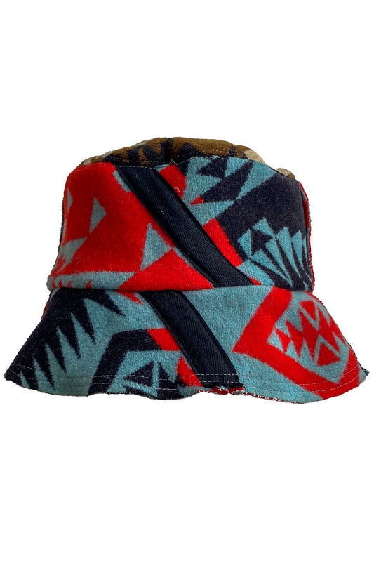 Bucket Hat | Reclaimed American Milled Blanket Wool | Red Orange, Blue & Camel | Medium