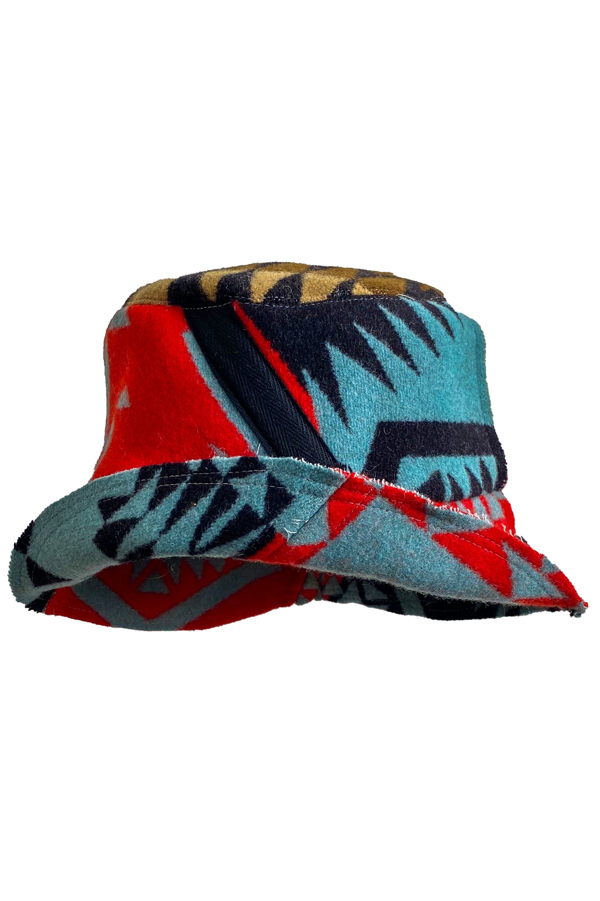 Bucket Hat | Reclaimed American Milled Blanket Wool | Red Orange, Blue & Camel | Medium