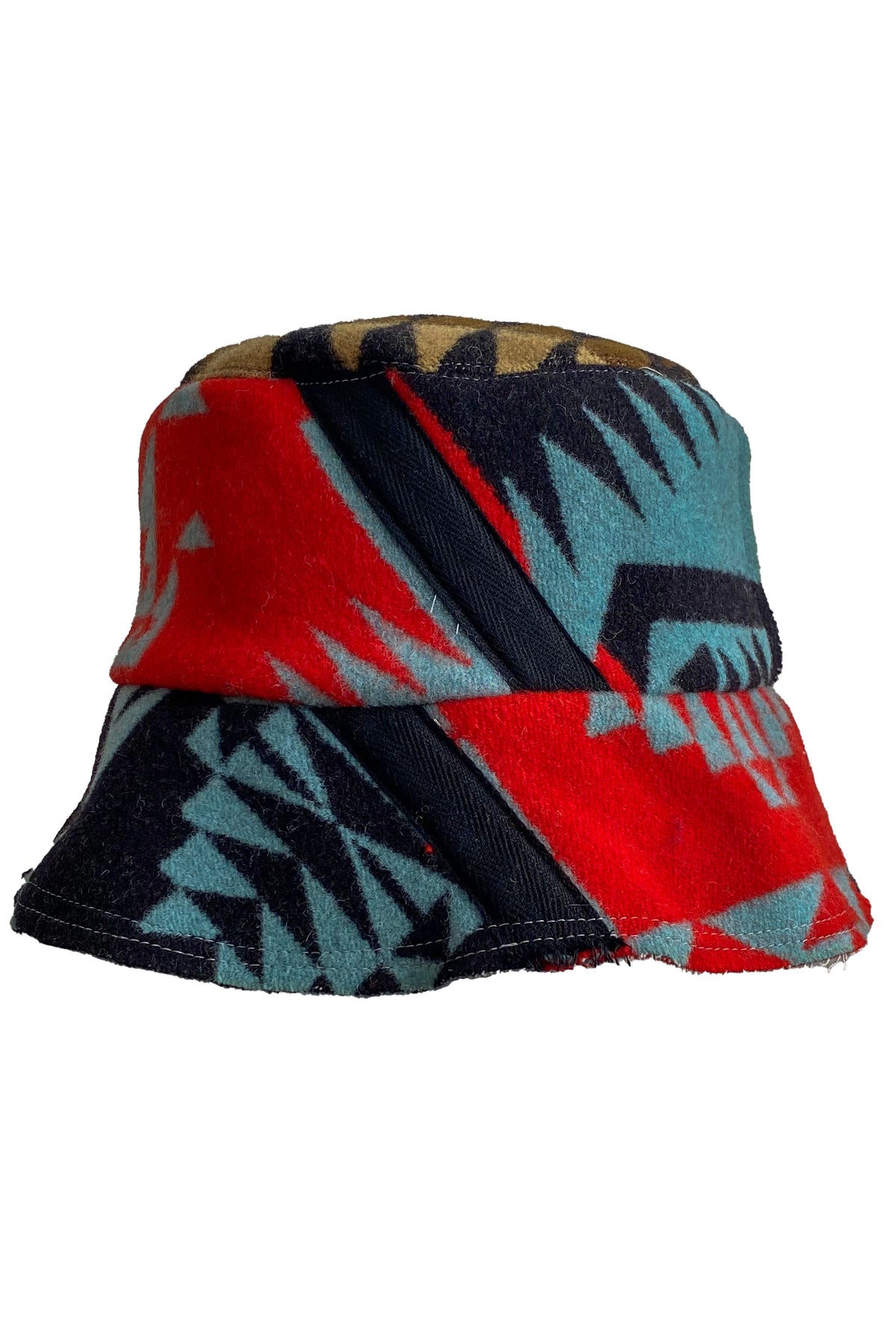 Bucket Hat | Reclaimed American Milled Blanket Wool | Red Orange, Blue & Camel | Medium
