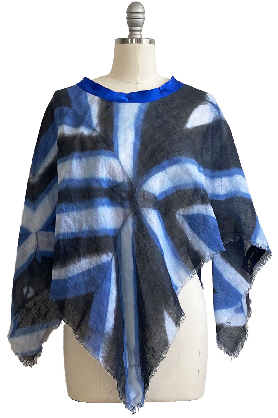 Open Weave Poncho w/ Silk Trim | Open Weave Linen | Itajime Dye | Blue, White & Black
