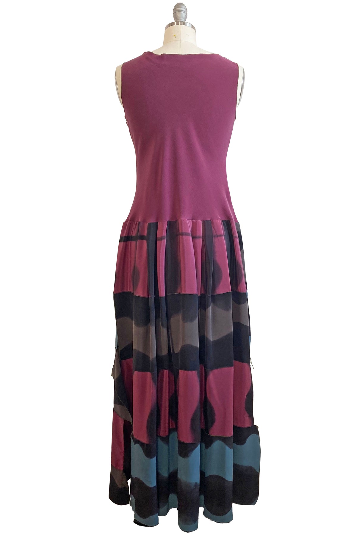 Montmartre Dress | Silk Georgette | Pieced Skirt | Fuchsia, Blue & Grey | Small