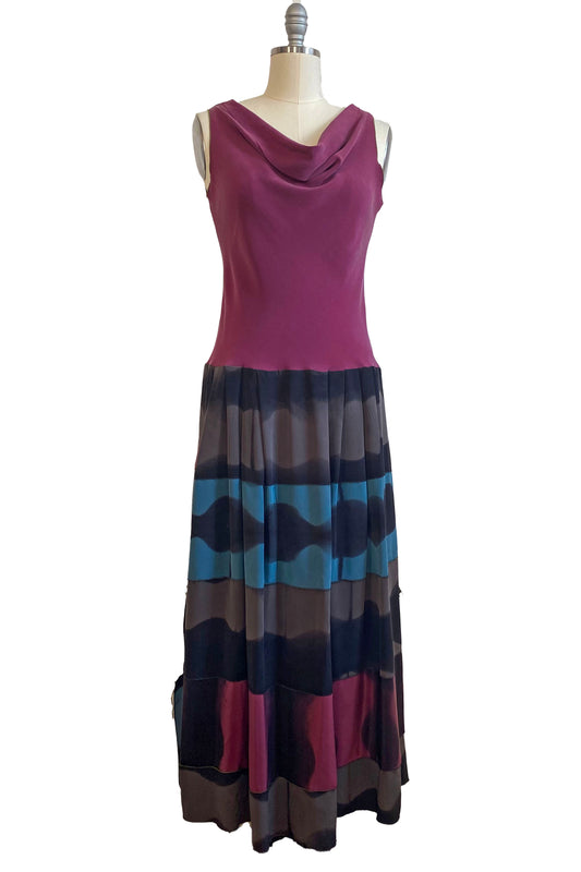 Montmartre Dress | Silk Georgette | Pieced Skirt | Fuchsia, Blue & Grey | Small