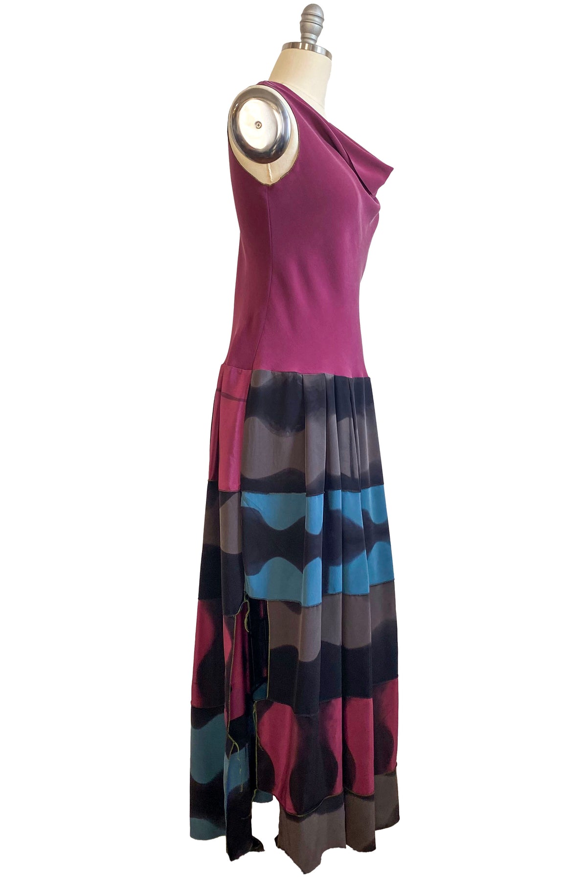 Montmartre Dress | Silk Georgette | Pieced Skirt | Fuchsia, Blue & Grey | Small